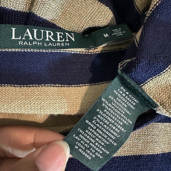 Ralph Lauren Sweater Dress Neutral Metallic Stripes Midi Office Bodycon Casual - Picture 9 of 12